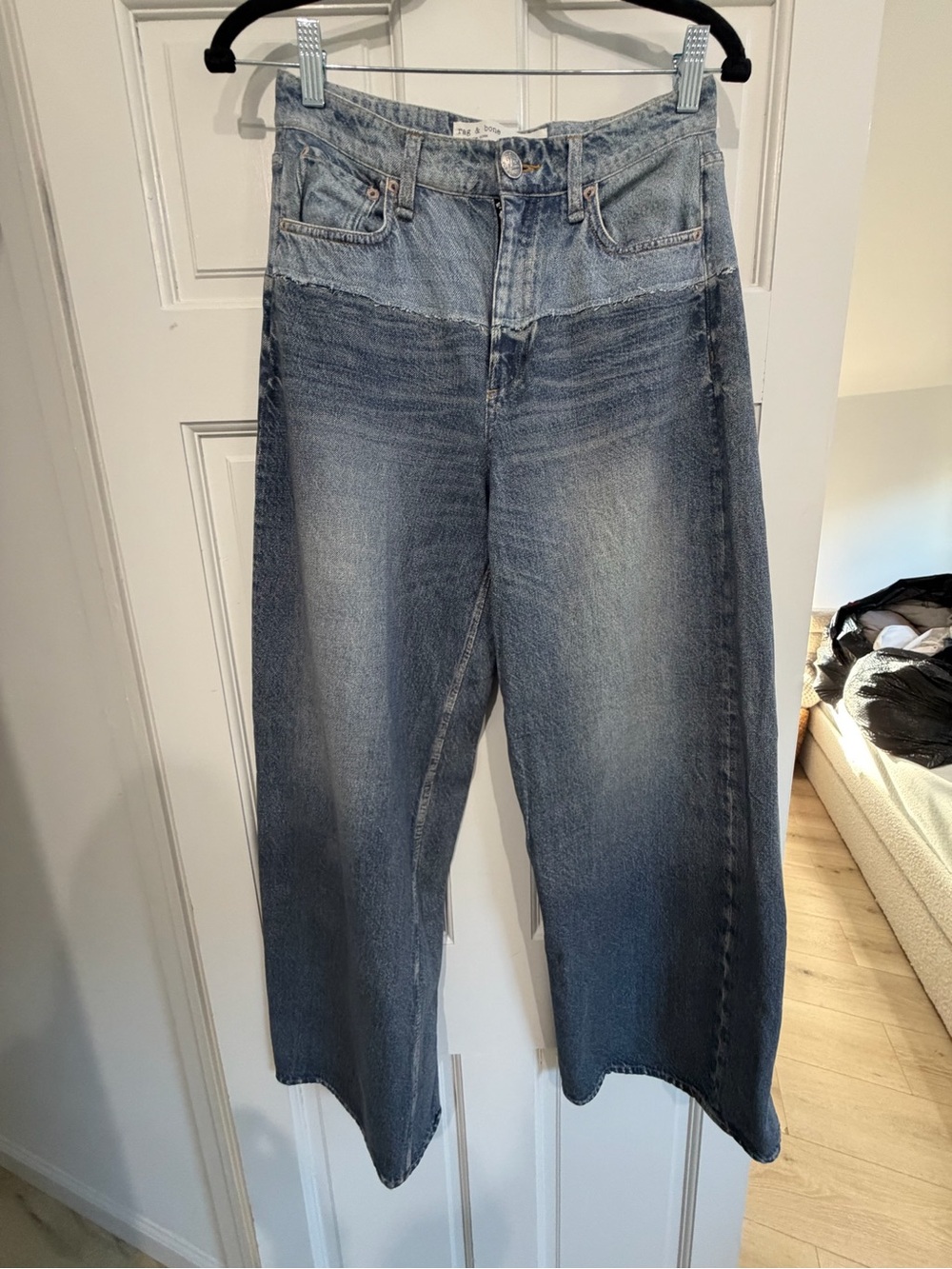 rag & bone Two-Tone High-Rise Wide-Leg Jeans - Blue
